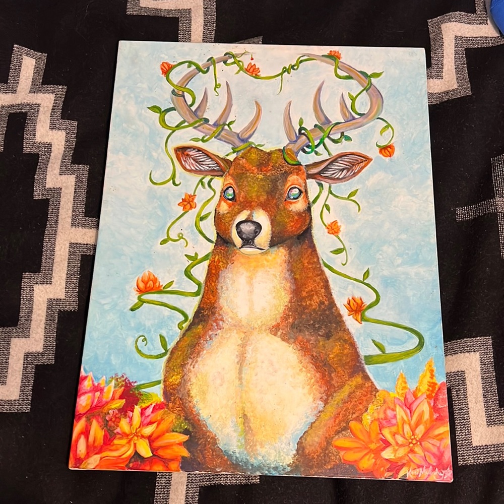 Canvas Art Hand Painted Original Stag ivy flowers Painting Art